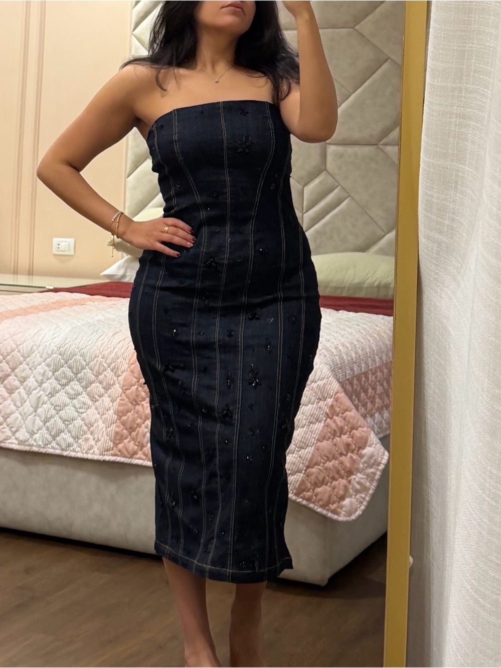 Anthropologie Strapless Black Denim Midi Dress